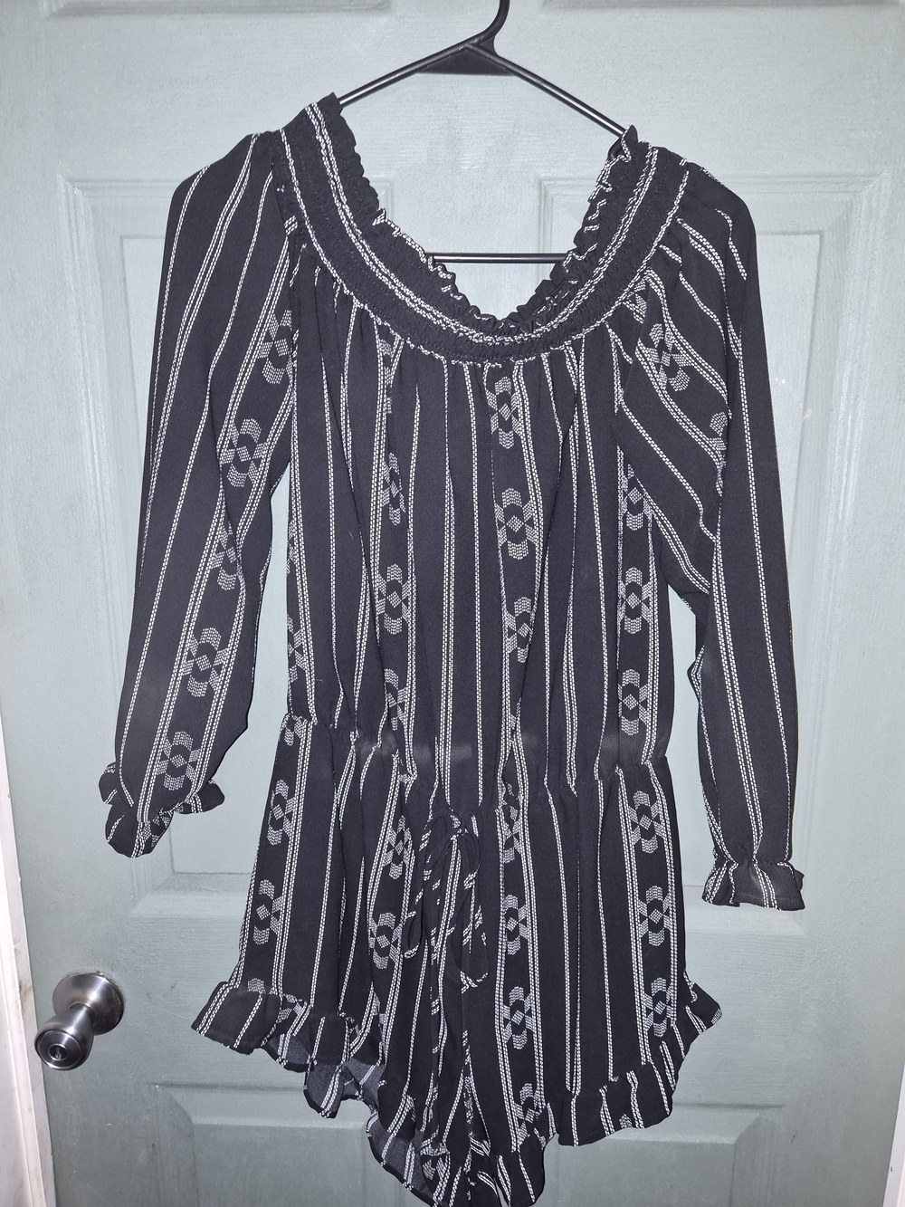 Off The Shoulder Black & White Striped Long Sleeve Romper